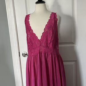 Vintage Shadowline Hot Pink Lace Gown Floor Length Long Size 2X Lace Deep V Neck